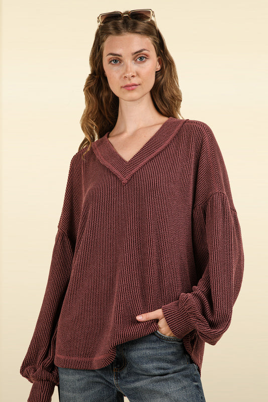 Wide Neck Band Oversized Comfy Soft Two Tone Double Knit Top by Very J in Wine