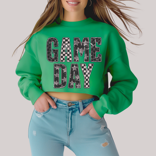 Green 'GAME DAY' sweatshirt with checkered patterns.