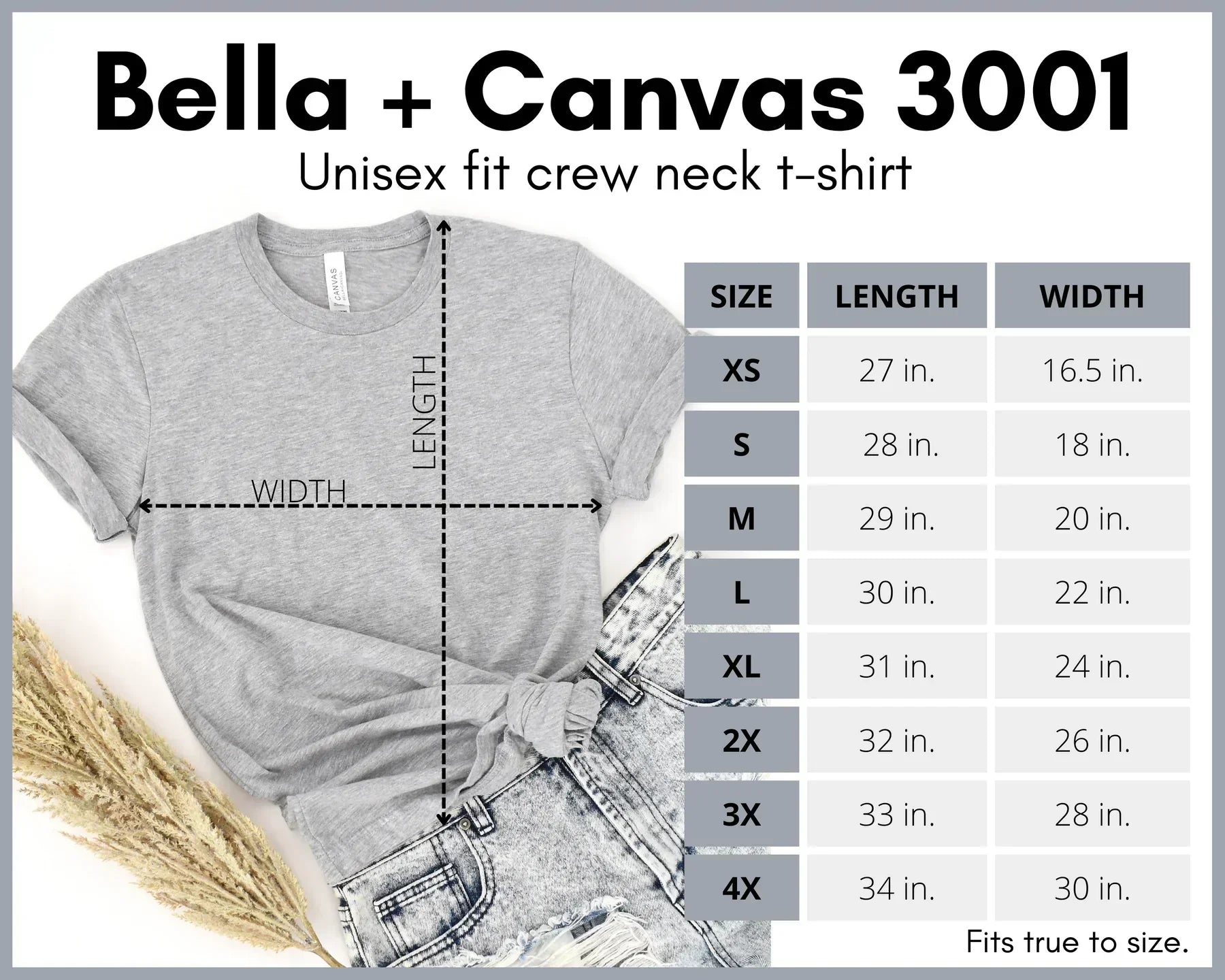 Gray t-shirt with size chart on a white background