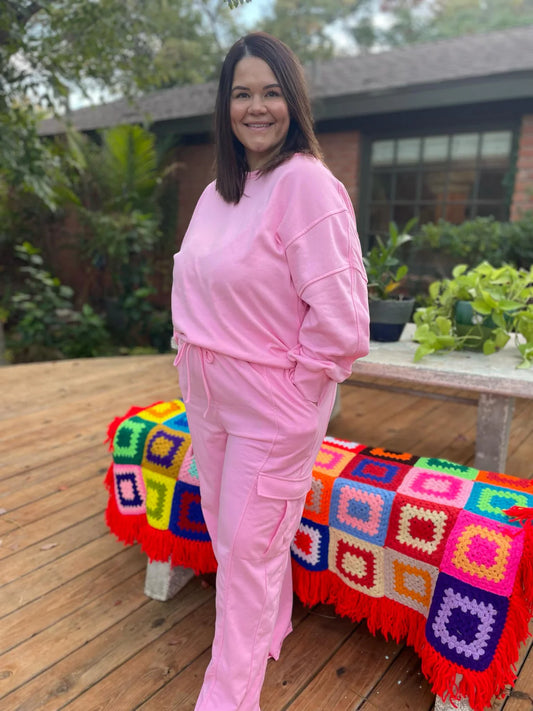Beautiful Day Mineral Wash Pullover and Cargo Pants In Pink