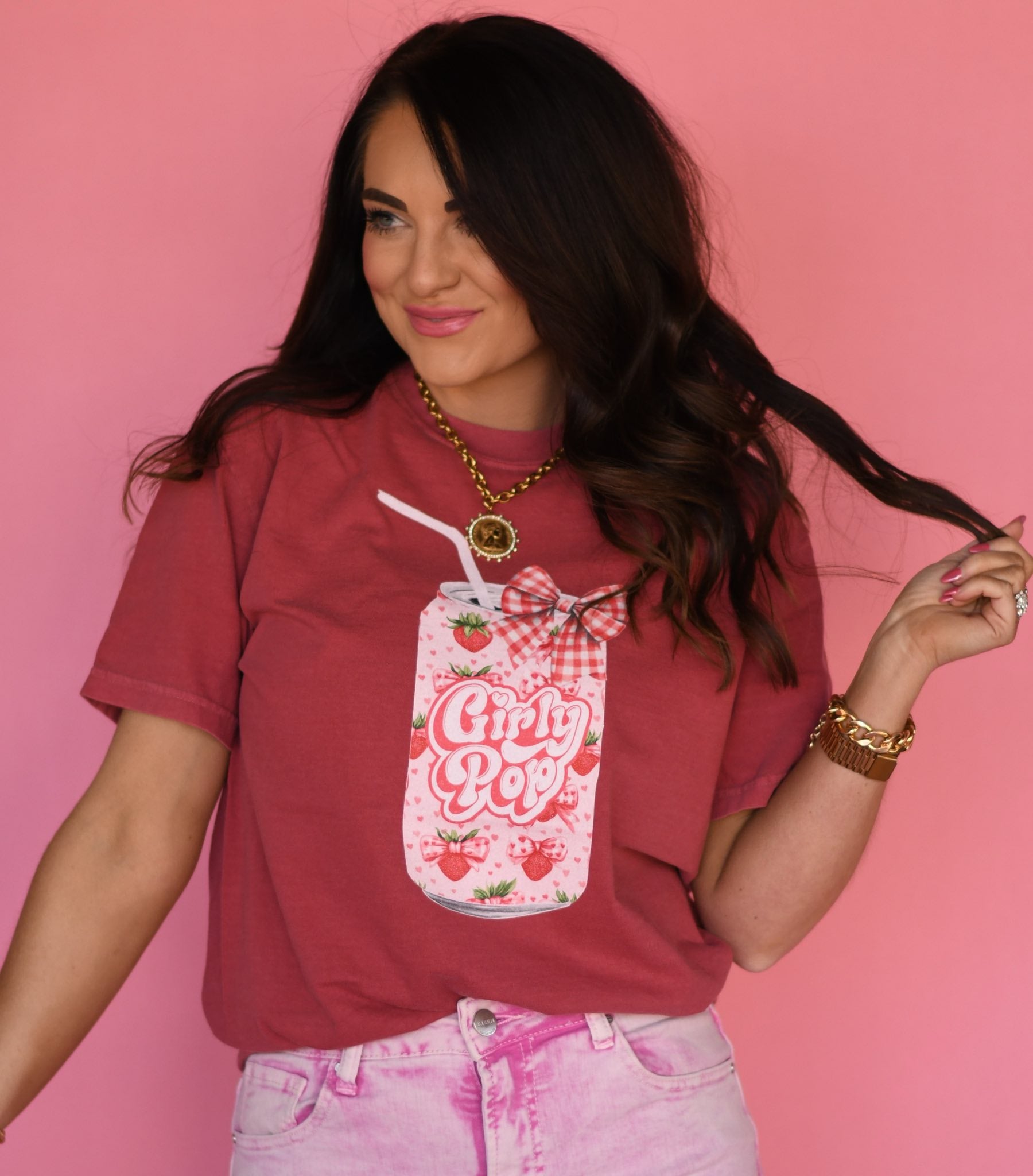 Girly Pop strawberry graphic tee on crimson Comfort Colors t-shirt