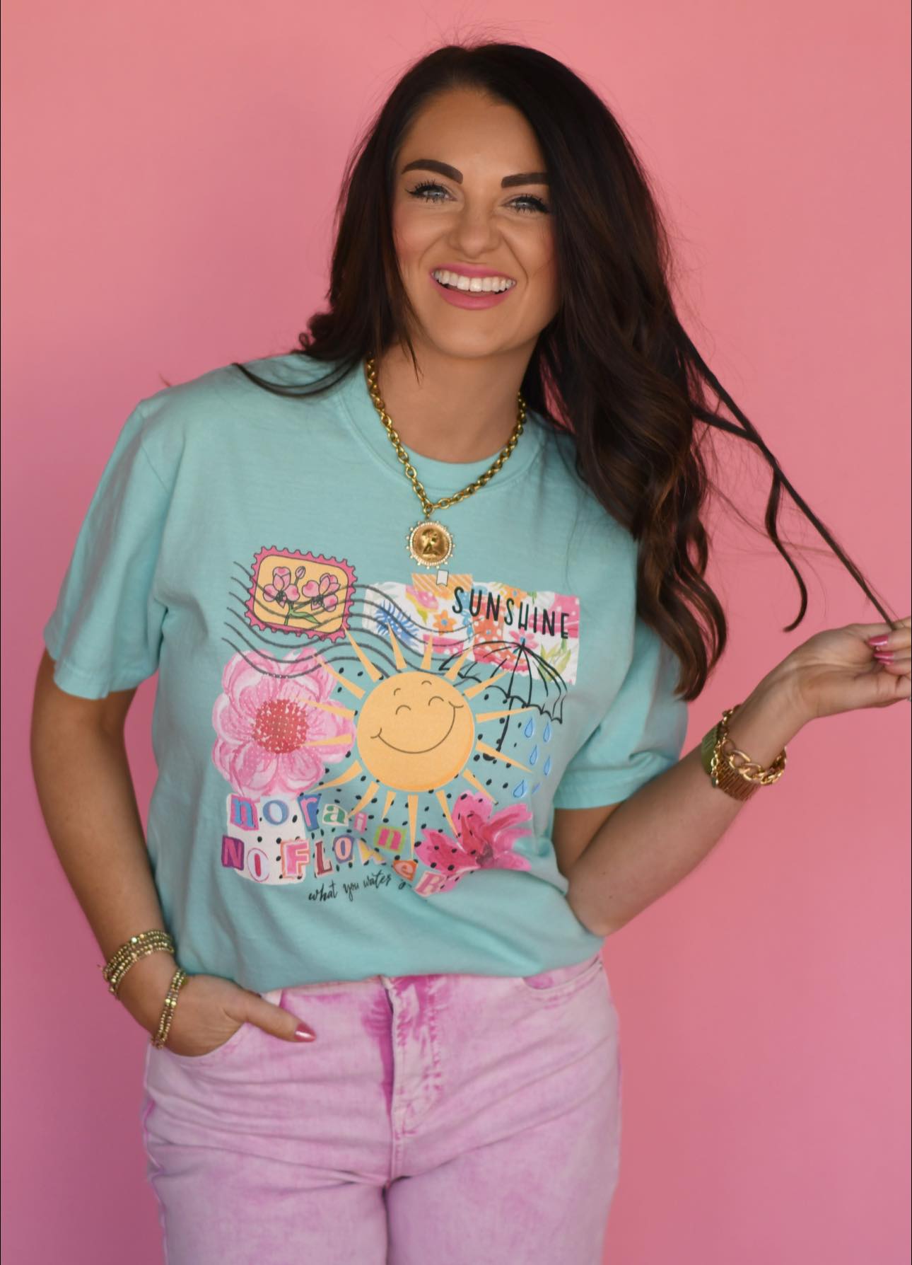 No Rain No Flowers collage graphic tee on Comfort Colors unisex t-shirt in Chalky Mint