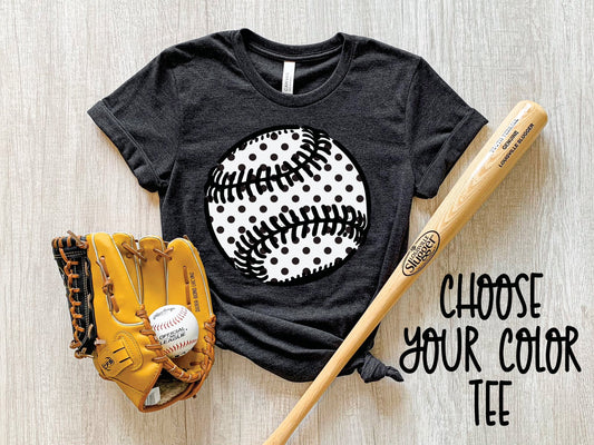 Black baseball graphic tee with polka dot baseball graphic styled with glove and bat