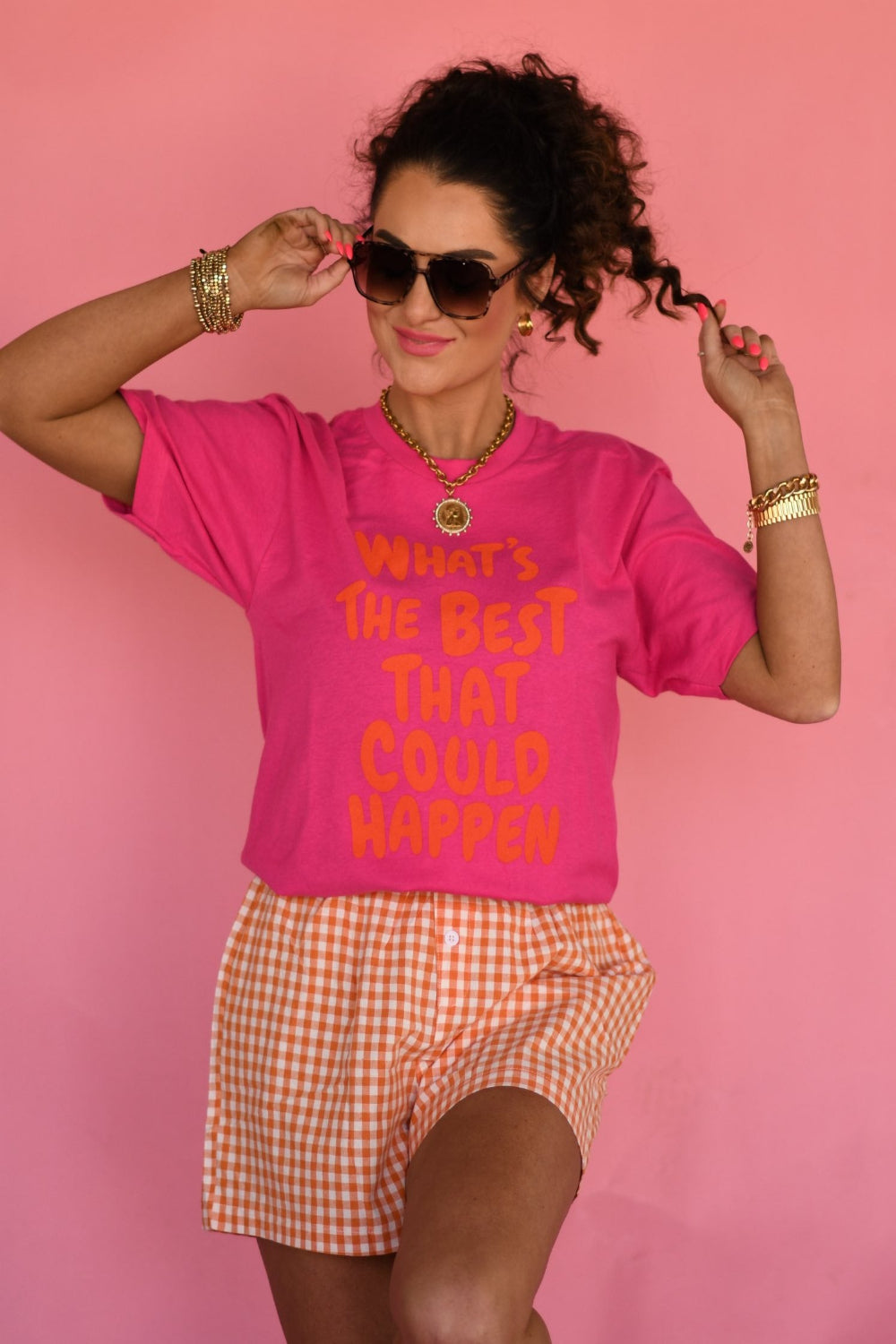 Hot pink What’s the Best That Could Happen spring graphic tee