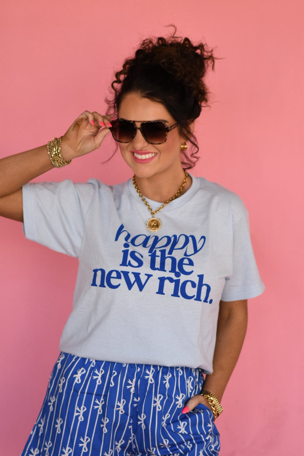 Light blue Happy Is the New Rich positive quote t-shirt