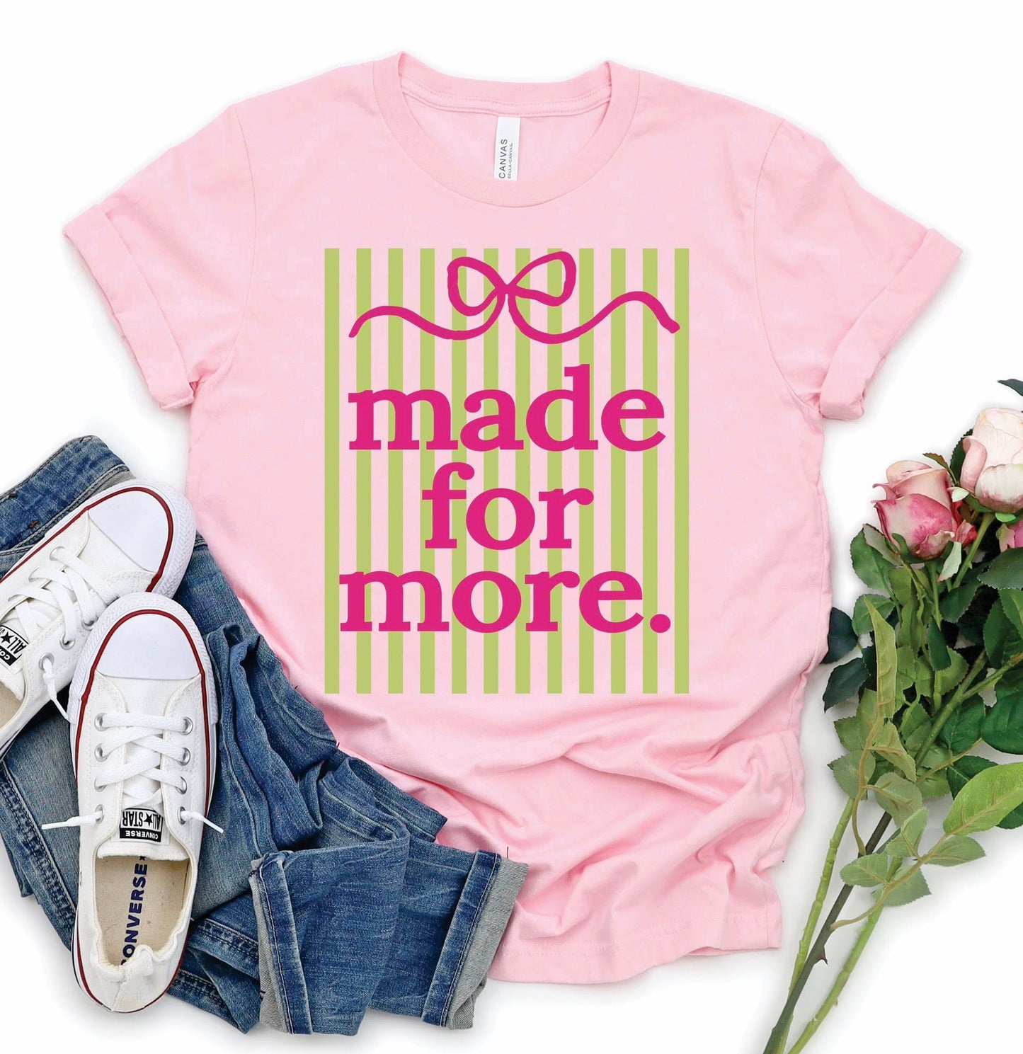 Made For More Christian striped graphic tee on pink Tultex shirt