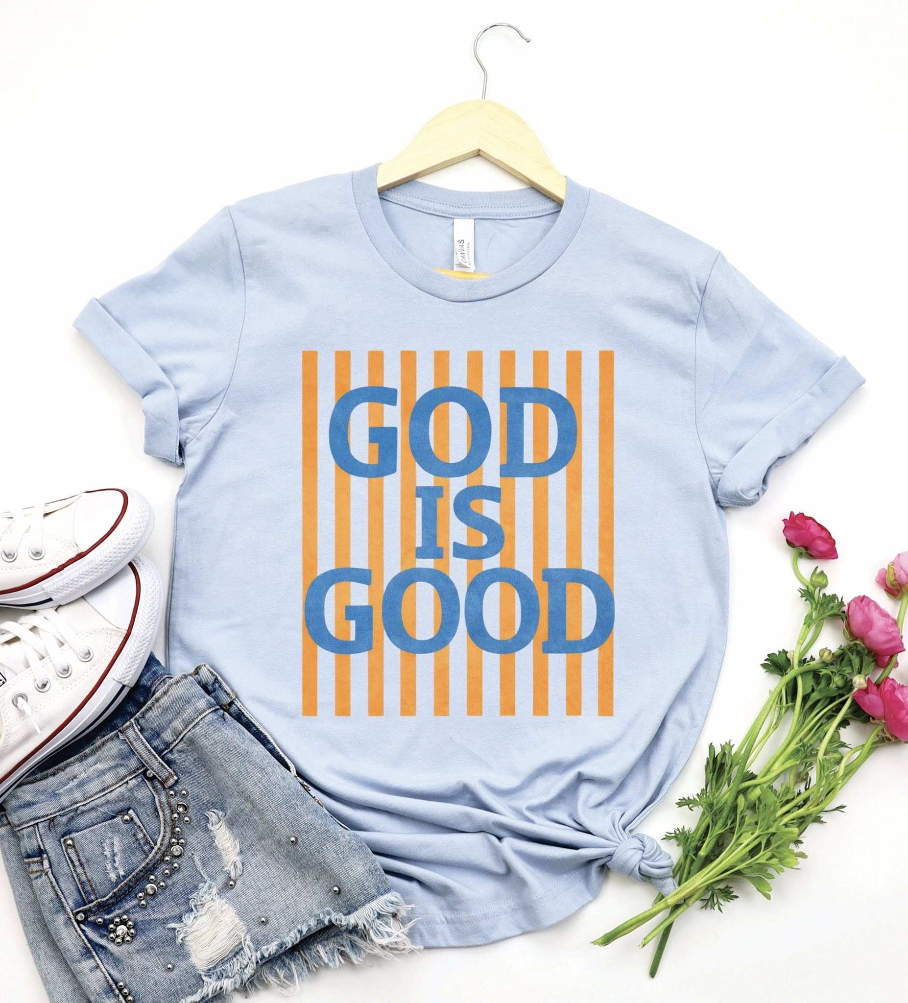 God Is Good striped Christian graphic tee on light blue Tultex shirt