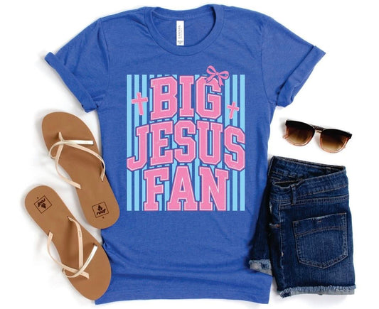 Big Jesus Fan striped Christian graphic tee on blue Tultex shirt