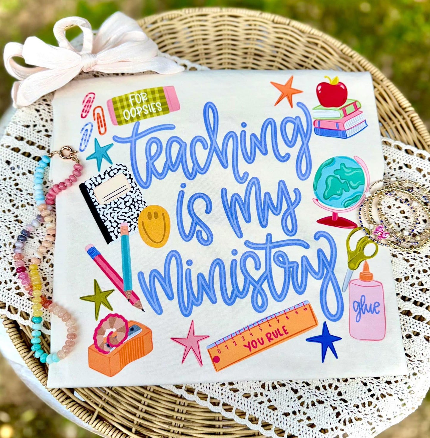 Teaching is My Ministry teacher shirt with school supplies and playful graphics