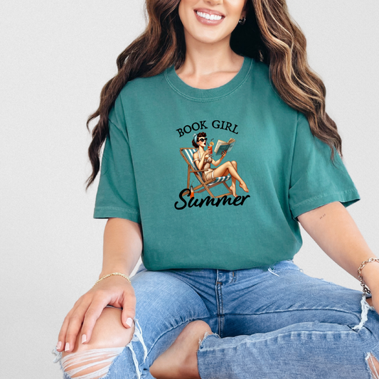 Summer Book Girl Graphic tee
Comfort Colors 100% Cotton
Garment-dyed soft ring spun fabric
Crew Neck short sleeve unisex tee
Multicolor DTF printing on crewneck