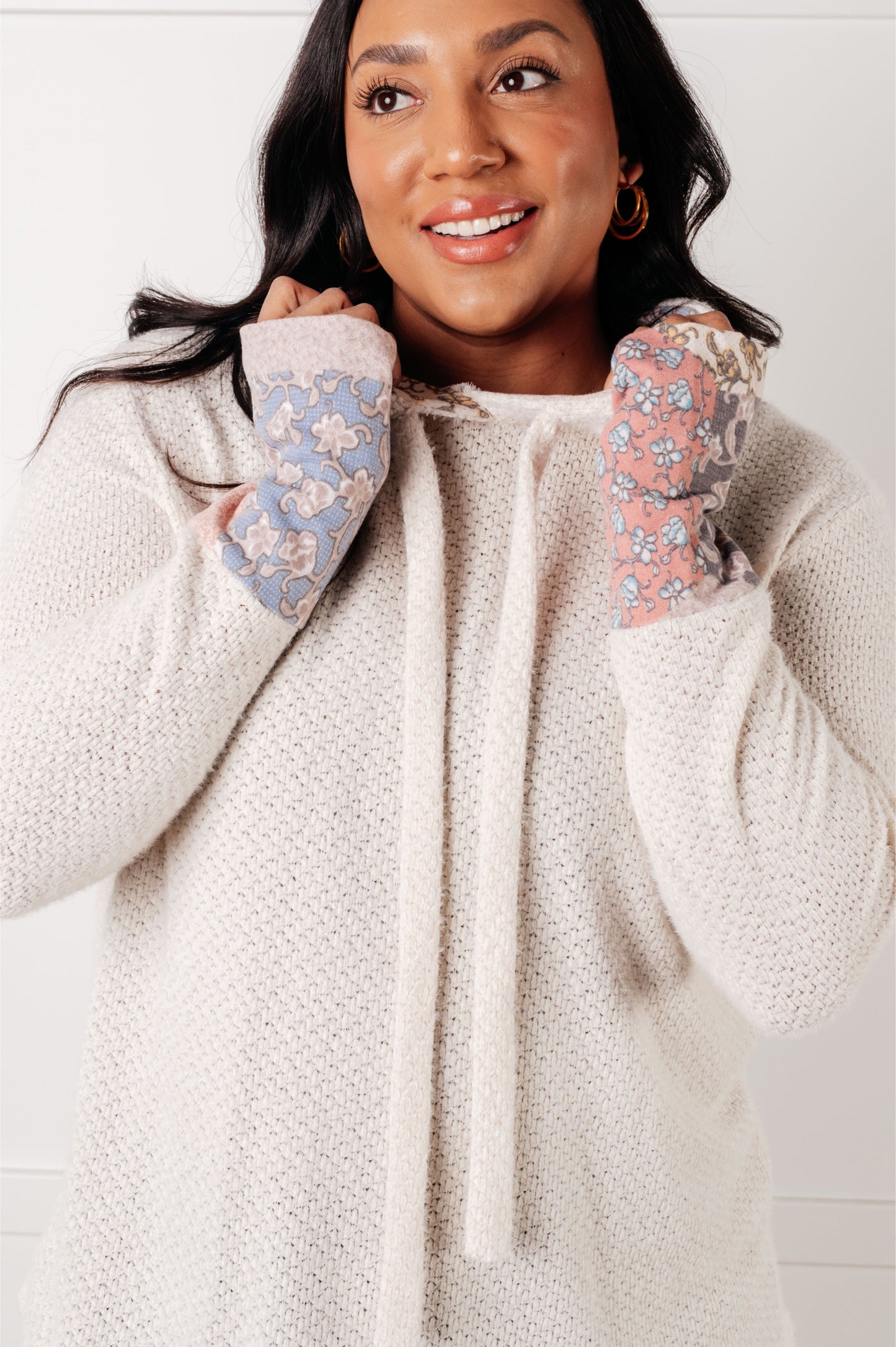 White and Floral Waffle Knit Hoodie