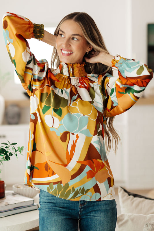 Long sleeve top by Jodifil
Poly Satin
Smocked Elastic Mock Neckline
Button Up Back Neckline
Smocked Elastic Sleeve Cuff
100% Polyester
True to Size