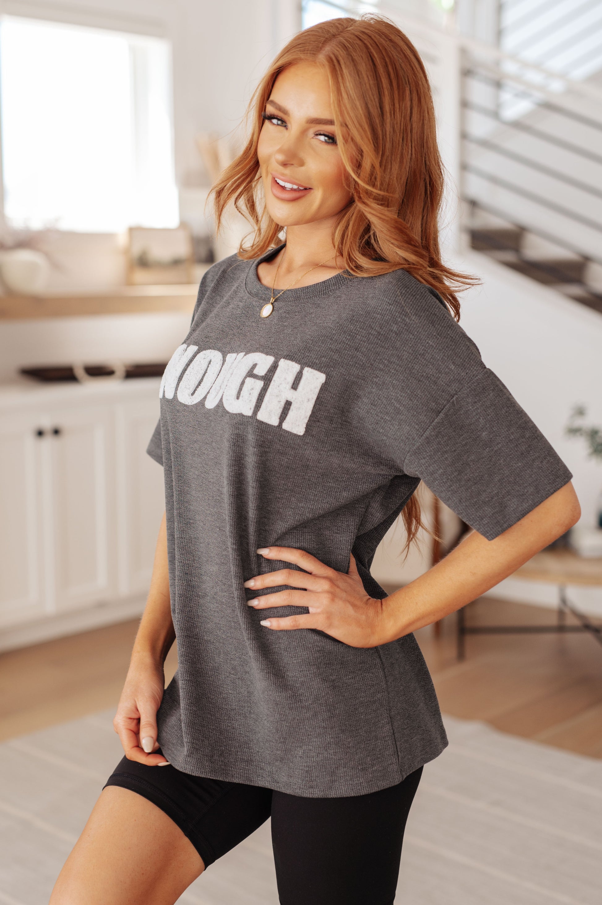 Mid-Weight Jersey Knit
Ribbed
Round Neckline
Drop Shoulder
Textured Contrast
93% Polyester, 7% Spandex
True to Size short sleeve top in Charcoal Grey
