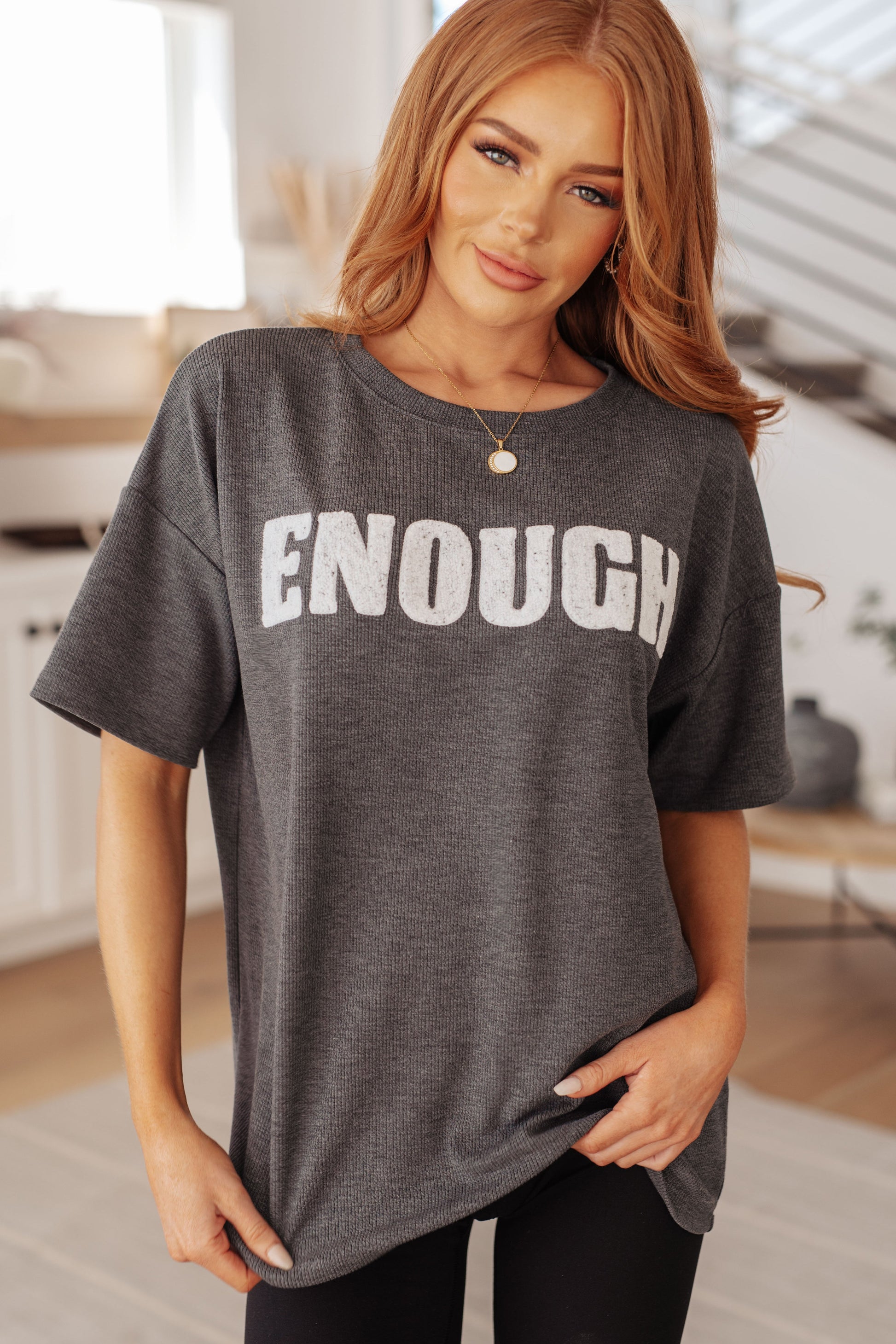 Mid-Weight Jersey Knit
Ribbed
Round Neckline
Drop Shoulder
Textured Contrast
93% Polyester, 7% Spandex
True to Size short sleeve top in Charcoal Grey