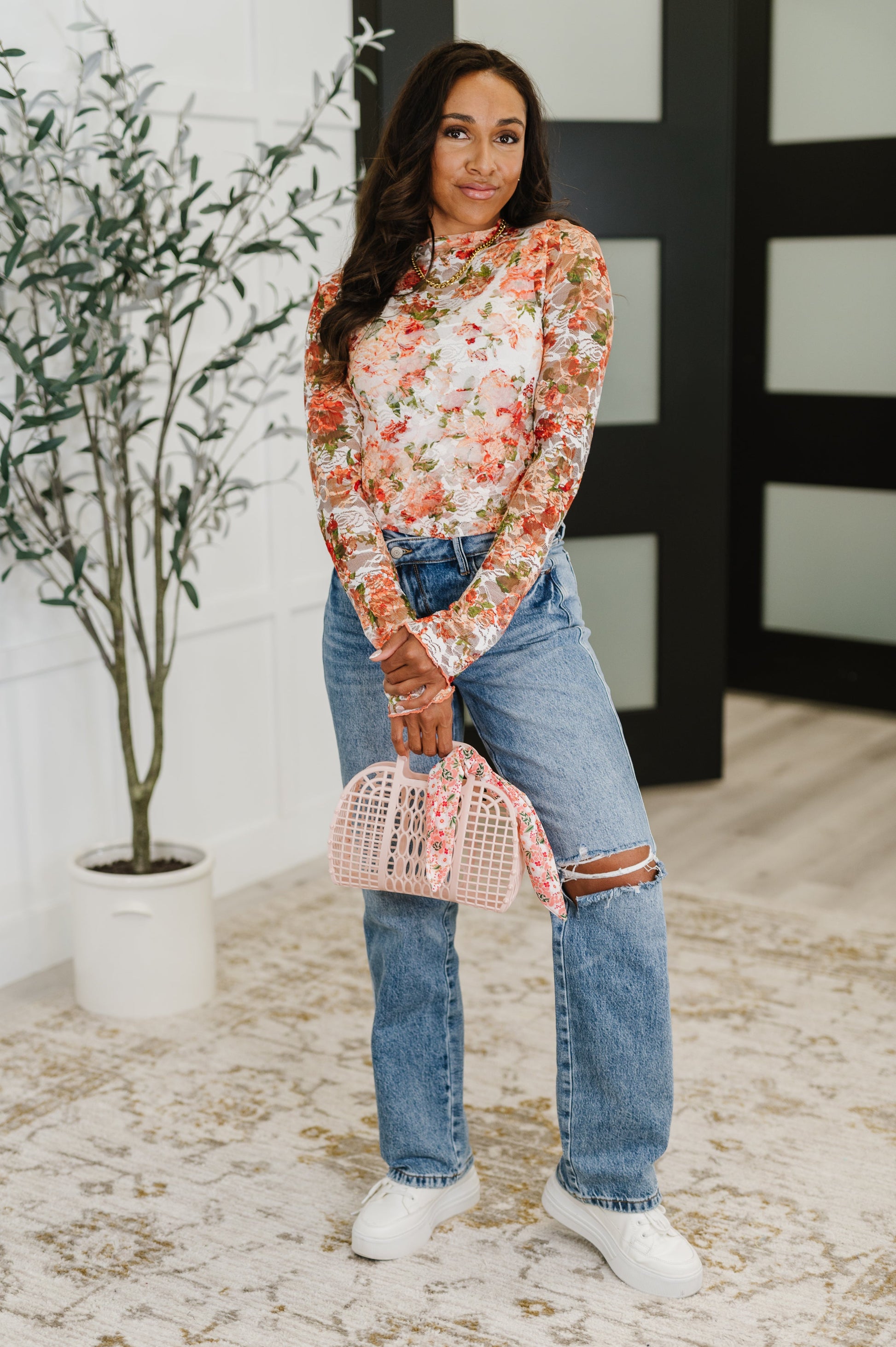 floral long-sleeve top 
Elastic Lace
High Stretch
High Neck Line
Long Sleeve
Lettuce Hem
Sheer
92% Polyester, 8% Spandex
True to Size