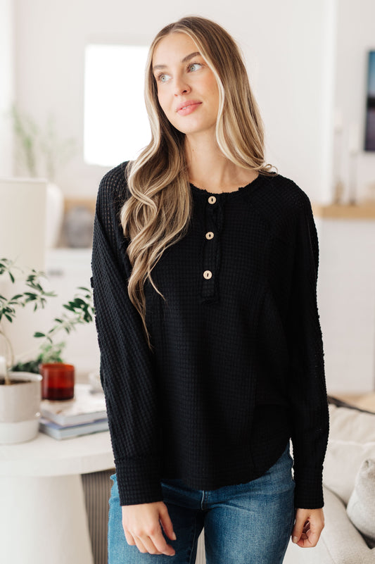 Black long sleeve Henley top by Sew in Love
Waffle Knit
Round Neckline
Button Up Henley
Relaxed Fit
64% Polyester, 34% Rayon, 2% Spandex
True to Size