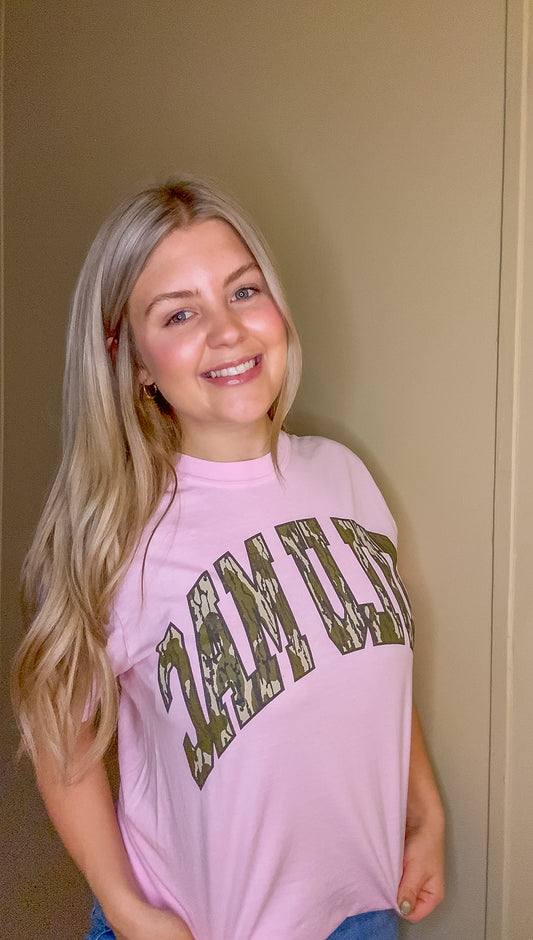 Lulu Mac Mossy Oak Bottomland Comfort Colors graphic tee in Blossom pink with camo Lulu Mac lettering
