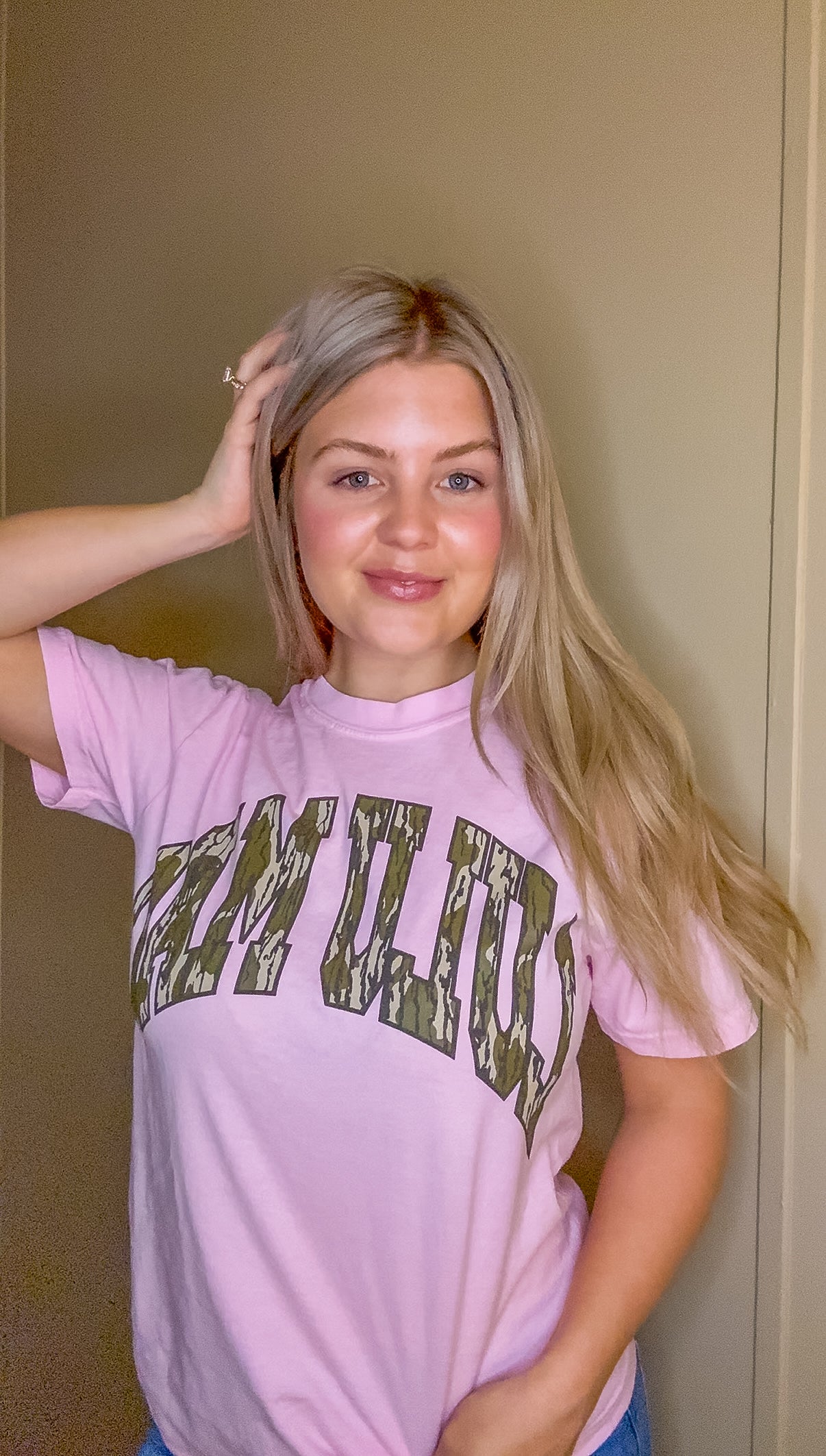 Lulu Mac Mossy Oak Bottomland Comfort Colors graphic tee in Blossom pink with camo Lulu Mac lettering