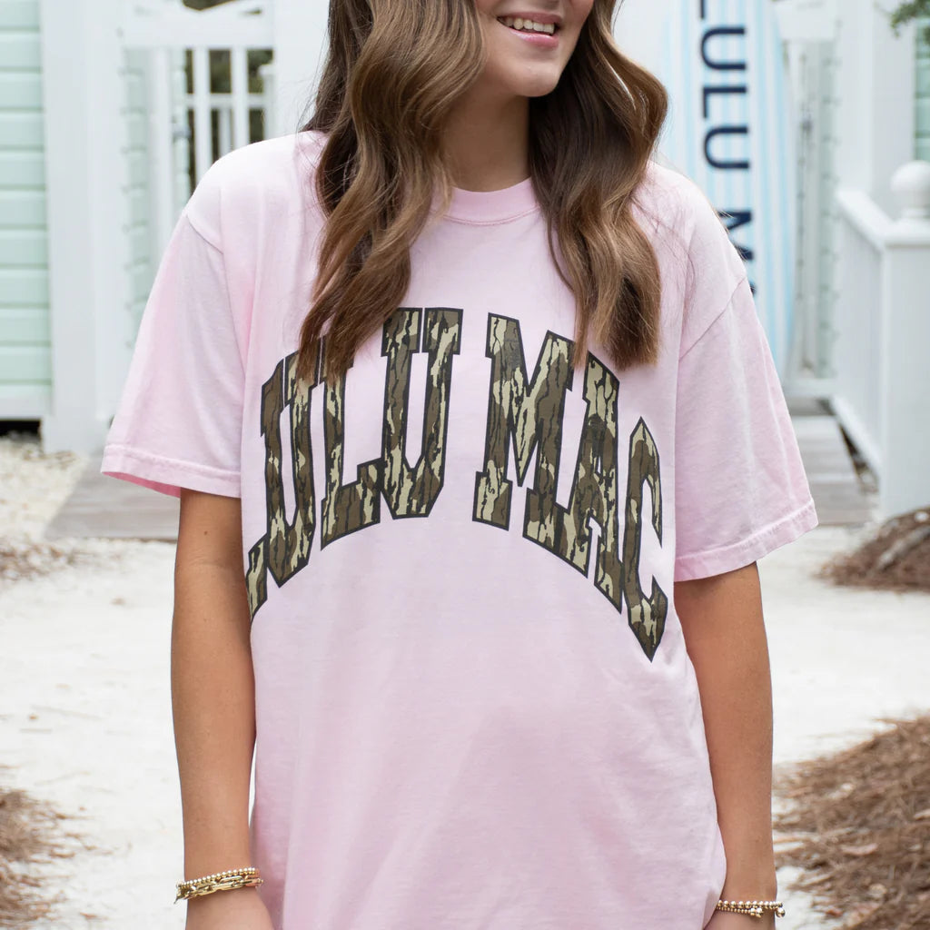 Lulu Mac Mossy Oak Bottomland Comfort Colors graphic tee in Blossom pink with camo Lulu Mac lettering