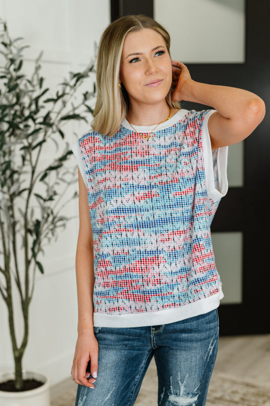Short Sleeve textured knit top in Blue by Haptics