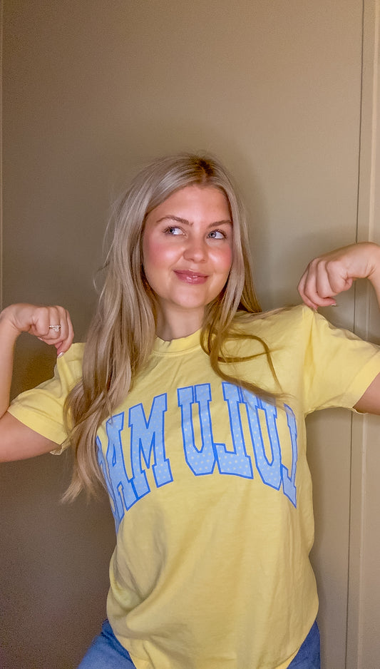 Lulu Mac Polka Dot Letter Graphic Comfort Colors Tee – Adult Butter & Neon Pink Short Sleeve T-Shirt