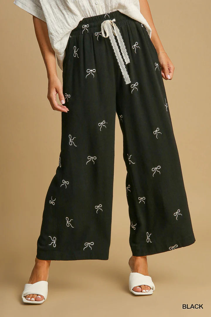 Black Embroidered Linen Bow Pants