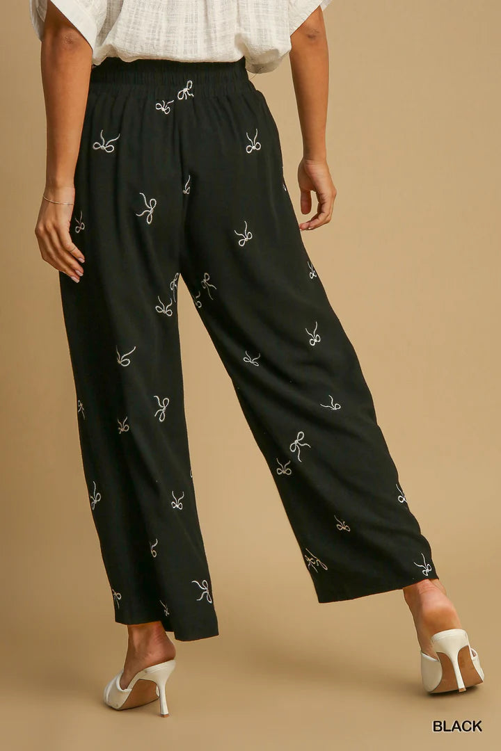 Black Embroidered Linen Bow Pants