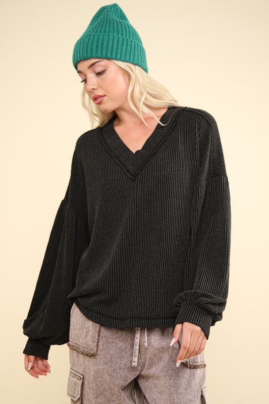 Wide Neck Band Oversized Comfy Soft Two Tone Double Knit Top by Very J in Charcoal