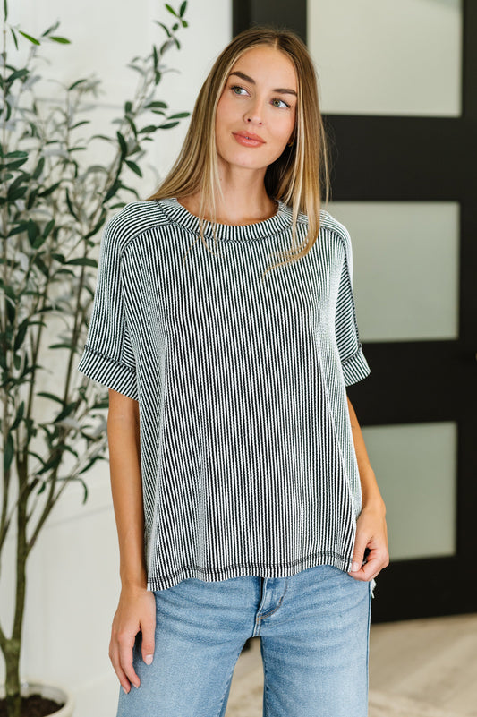 Black and White , short sleeve, exposed seam Cable knit top by Zenana