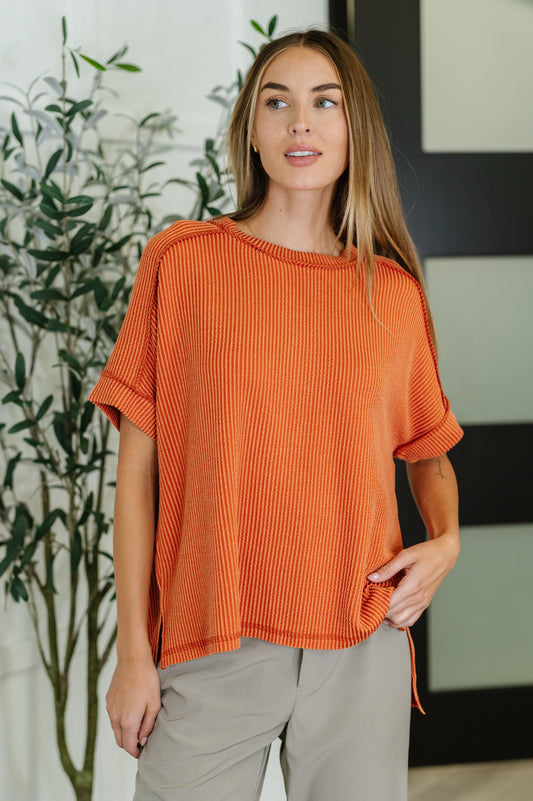 Burnt Orange, short sleeve, exposed seam Cable knit top by Zenana