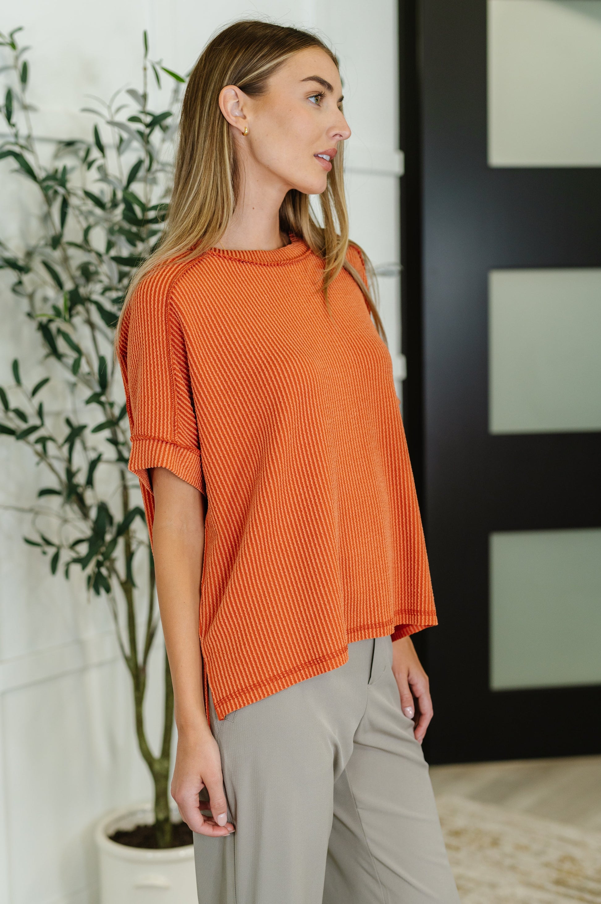 Burnt Orange, short sleeve, exposed seam Cable knit top by Zenana