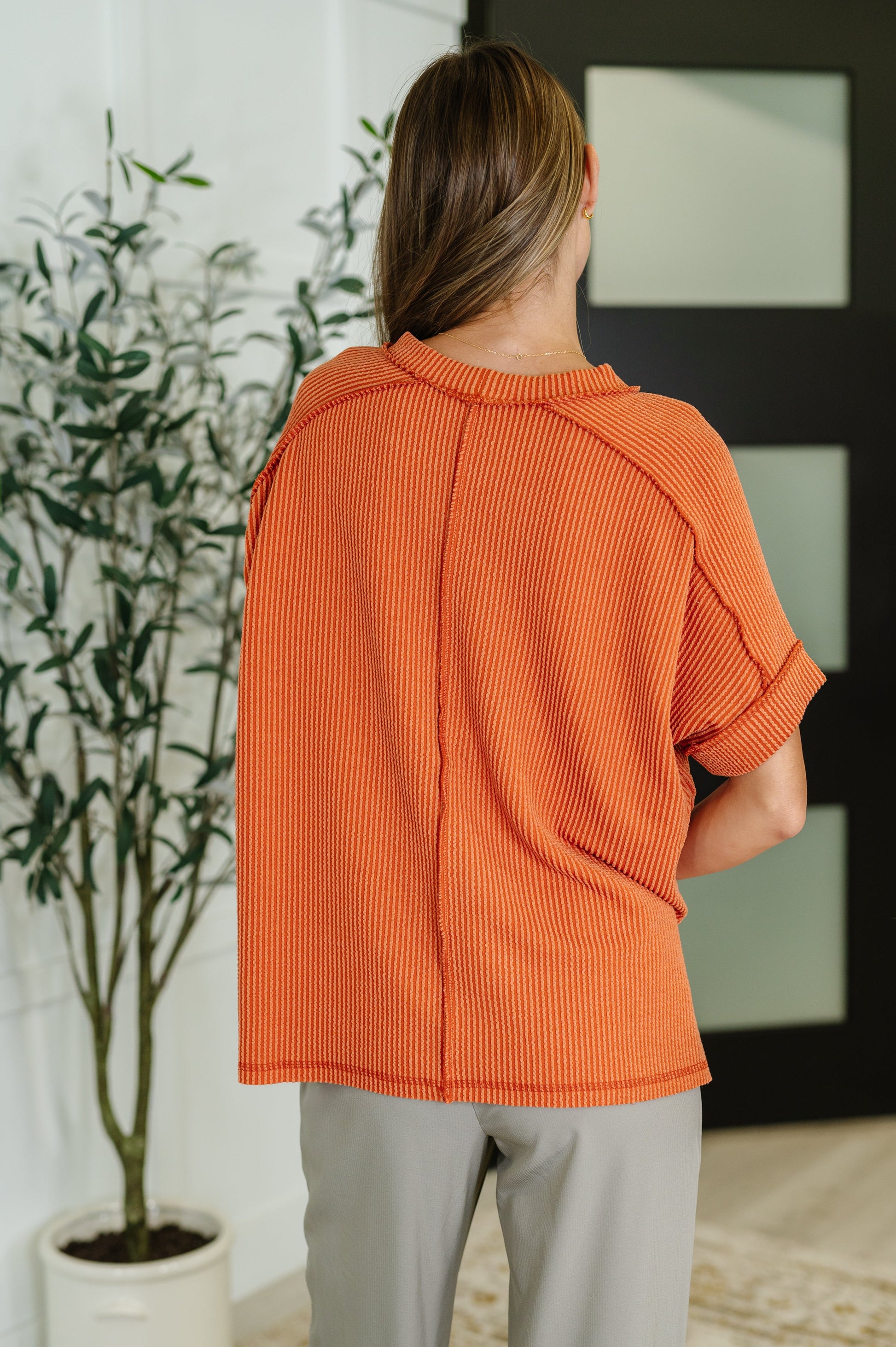 Burnt Orange, short sleeve, exposed seam Cable knit top by Zenana