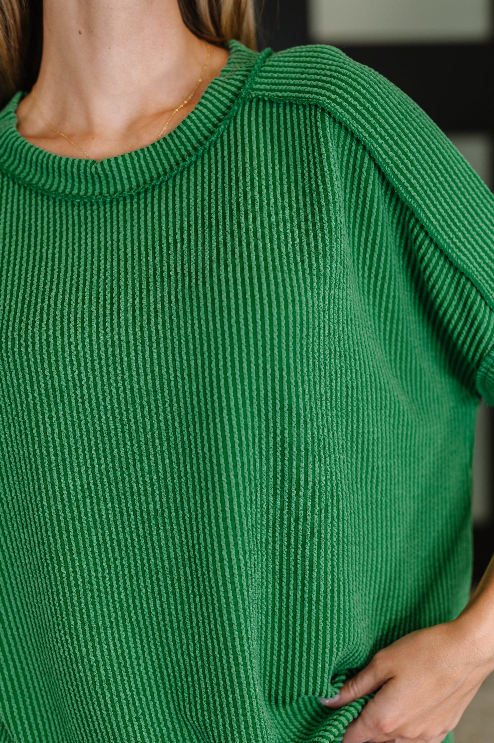 Dark Green, short sleeve, exposed seam Cable knit top by Zenana