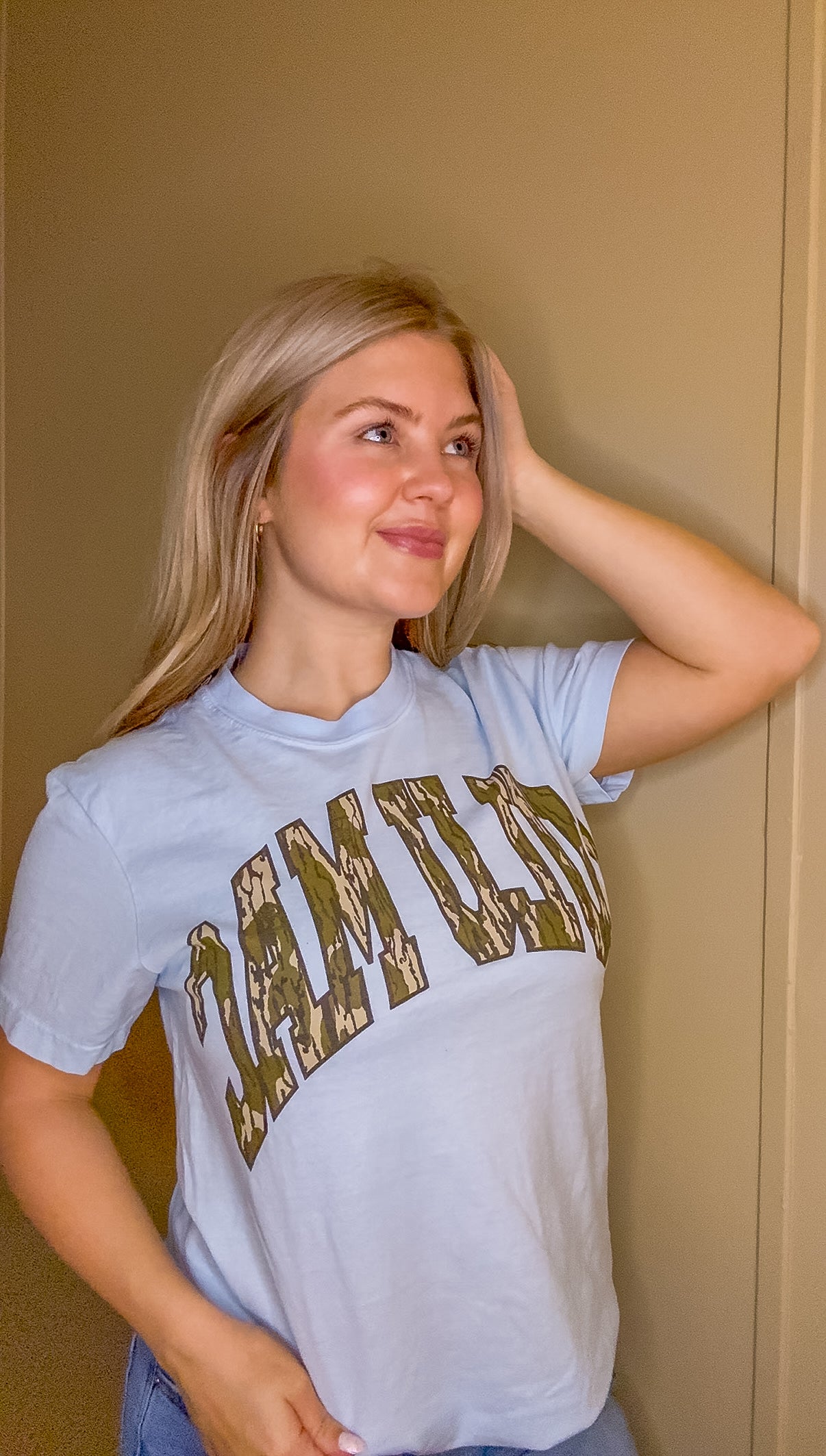 Lulu Mac Mossy Oak Bottomland Comfort Colors graphic tee in Chambray blue with Mossy Oak camo design