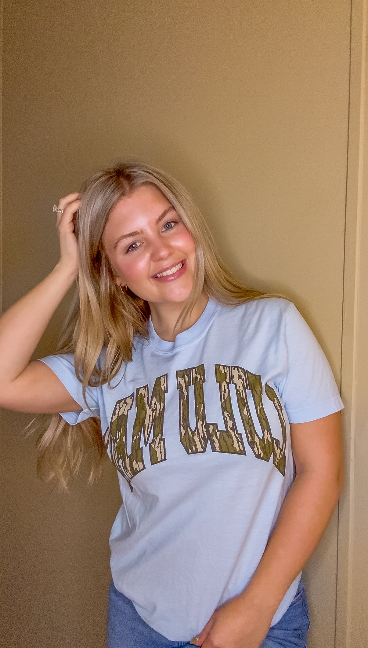 Lulu Mac Mossy Oak Bottomland Comfort Colors graphic tee in Chambray blue with Mossy Oak camo design