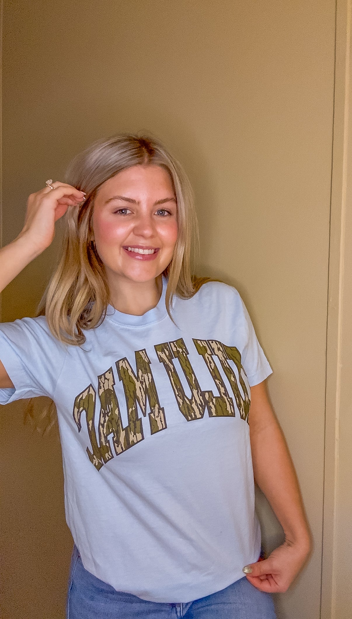 Lulu Mac Mossy Oak Bottomland Comfort Colors graphic tee in Chambray blue with Mossy Oak camo design