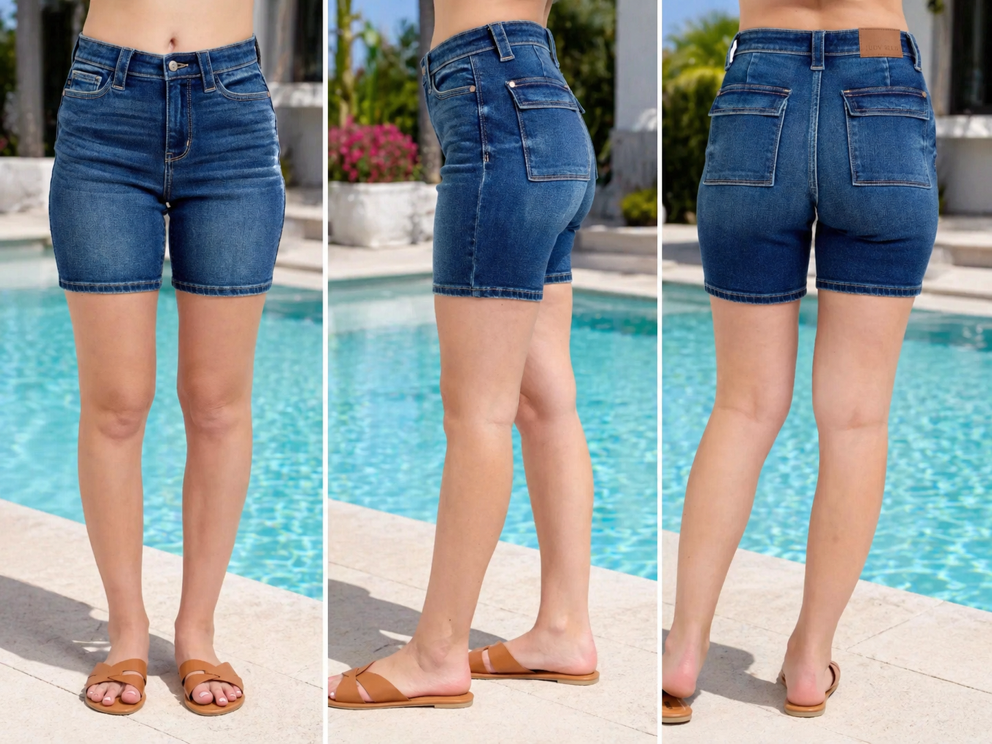 Judy Blue High Waist Bermuda Denim Shorts with Back Flap Pockets | Mid Blue Stretch Jean Shorts