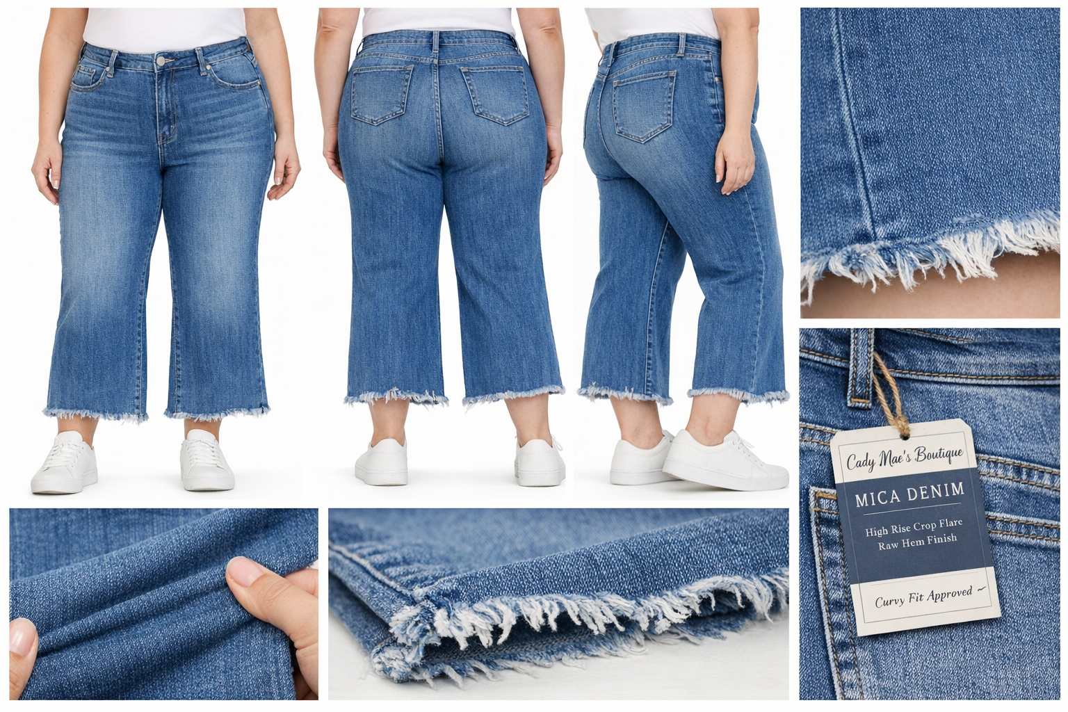MICA high rise crop flare jeans with raw hem in medium wash – plus size