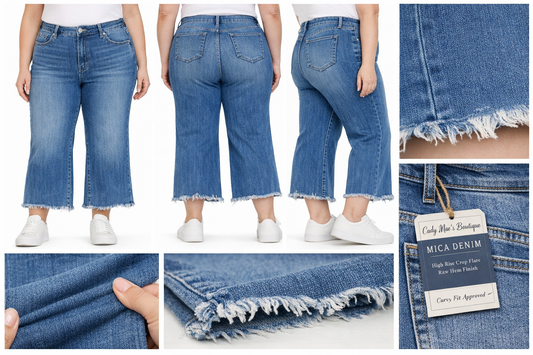 MICA high rise crop flare jeans with raw hem in medium wash – plus size