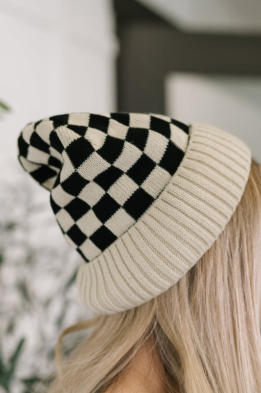 Cream/Black Checkered Knit beanie by Zenana