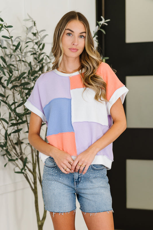 color block-patterned short sleeve shirt in Lilac, Orange and Denim