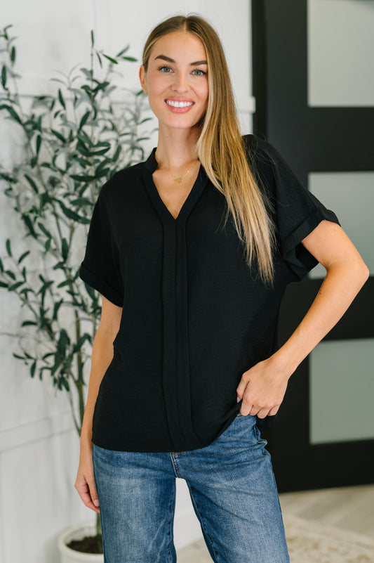 Black, crinkle woven V neck short sleeve blouse
