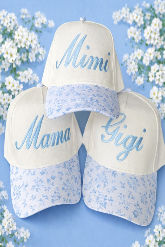 Custom embroidered blue floral snapback hats with names Mama Mimi and Gigi for Mother's Day gift