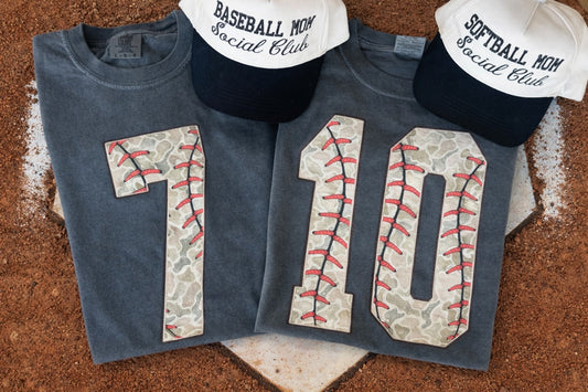 Custom camo baseball stitch number shirt on Comfort Colors pepper tee for baseball or softball moms game day apparel