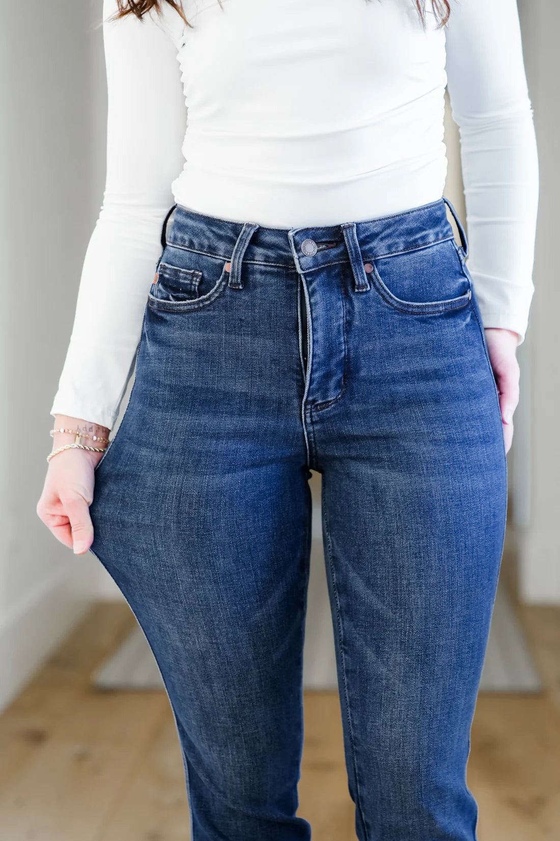 Judy Blue mid rise straight leg jeans dark wash stretch denim flattering everyday fit women's boutique denim