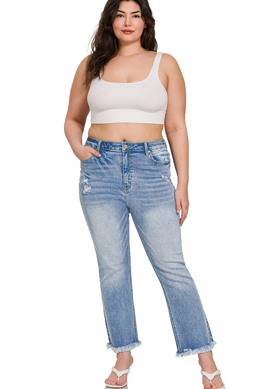 Plus High Rise Straight Raw Hem Cropped Denim Pants