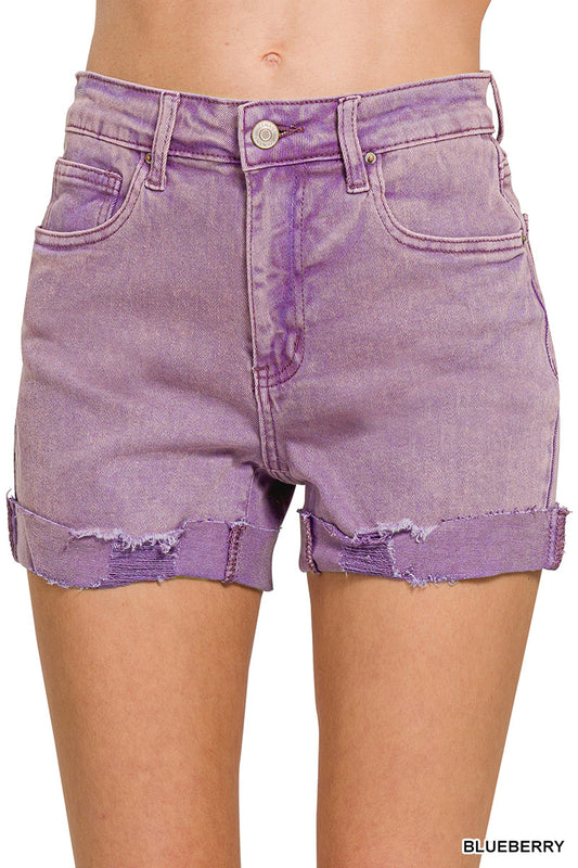 Zenana high rise cuffed denim shorts in blueberry purple wash with frayed hem and stretch fabric