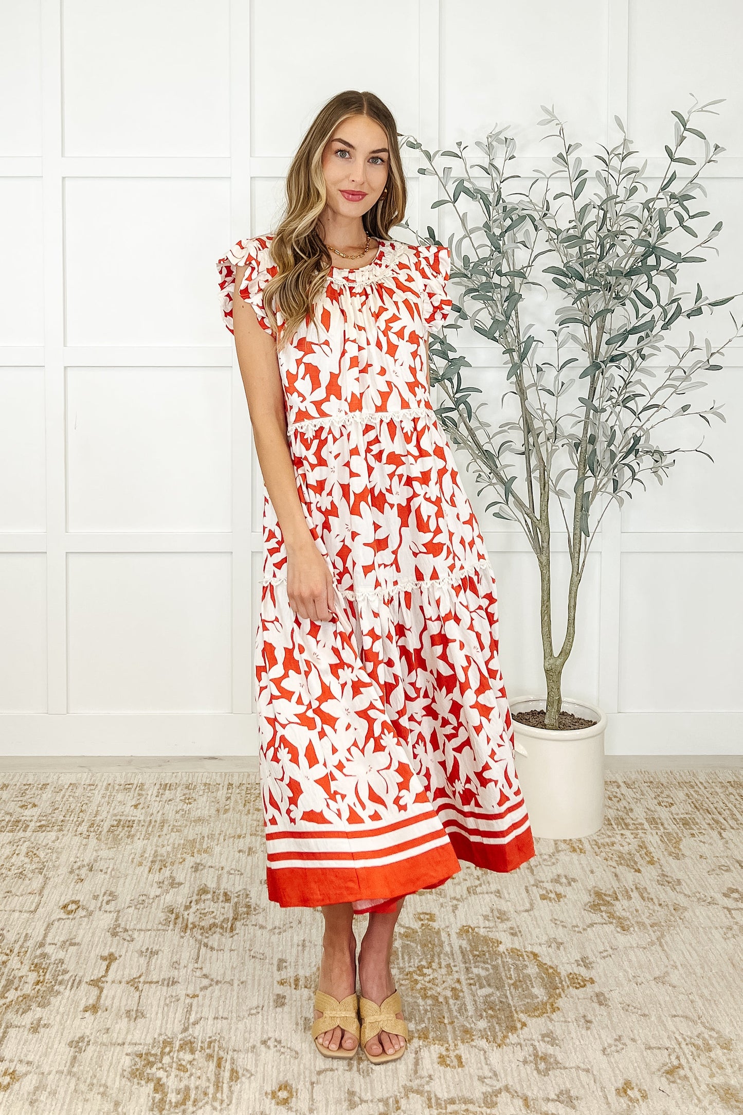 Dainty, lightweight woven, banded neckline, double layer flutter sleeve, keyhole closure, tiered, lace trim detail dress