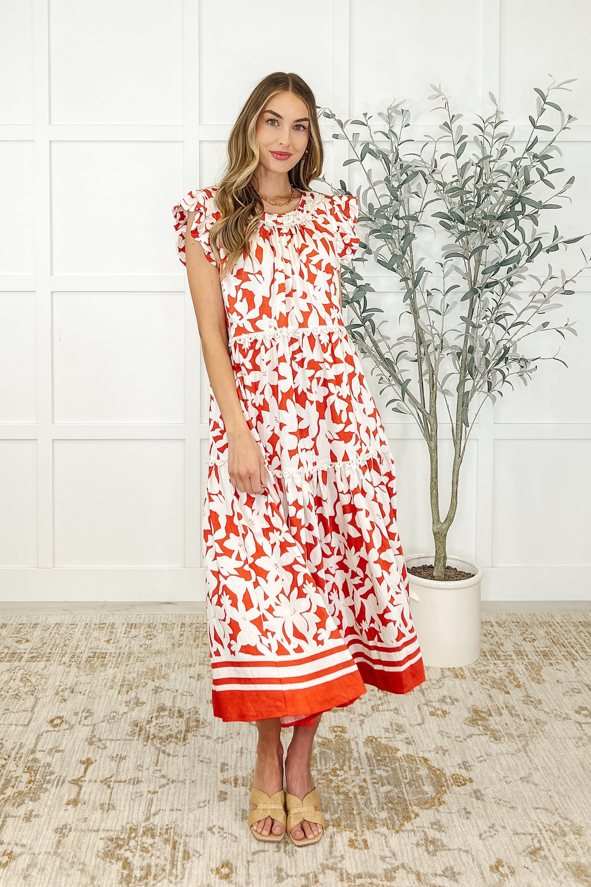 Dainty, lightweight woven, banded neckline, double layer flutter sleeve, keyhole closure, tiered, lace trim detail dress