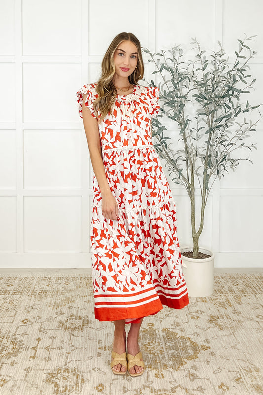 Dainty, lightweight woven, banded neckline, double layer flutter sleeve, keyhole closure, tiered, lace trim detail dress